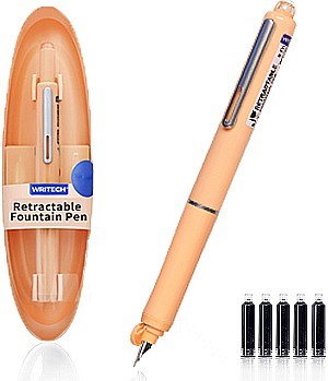 Stilou retractabil Writech corp portocaliu cu cutie cadou si 5 patroane cerneala albastre