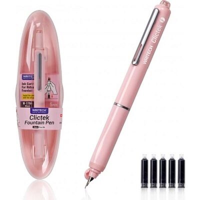 Stilou retractabil Writech corp roz cu cutie cadou si 5 patroane cerneala albastre