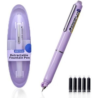 Stilou retractabil Writech corp violet cu cutie cadou si 5 patroane cerneala albastre