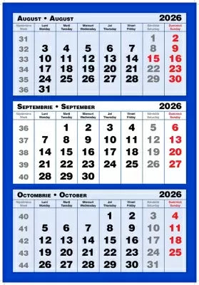 Calendar triptic trei culori, 33 x 48 cm, 12 file, 2026