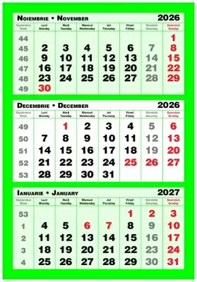 Calendar triptic trei culori, 33 x 48 cm, 12 file, 2026