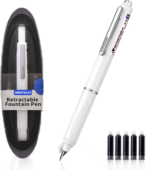 Stilou retractabil Writech corp alb cu cutie cadou si 5 patroane cerneala albastre