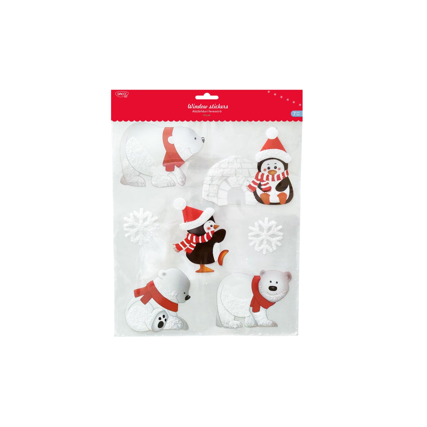 Decor pentru fereastră cu urs polar, pinguin și fulgi de zăpadă, brand DACO model AB632, abțibild din folie pentru iarnă