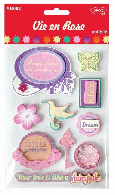 Coală abțibilduri din hârtie DACO Art model Vie en rose cu flori, rame și mesaje romantice pentru scrapbooking