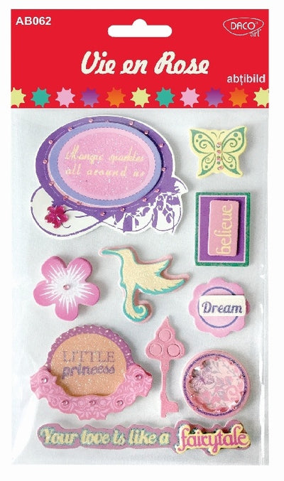 Coală abțibilduri din hârtie DACO Art model Vie en rose cu flori, rame și mesaje romantice pentru scrapbooking