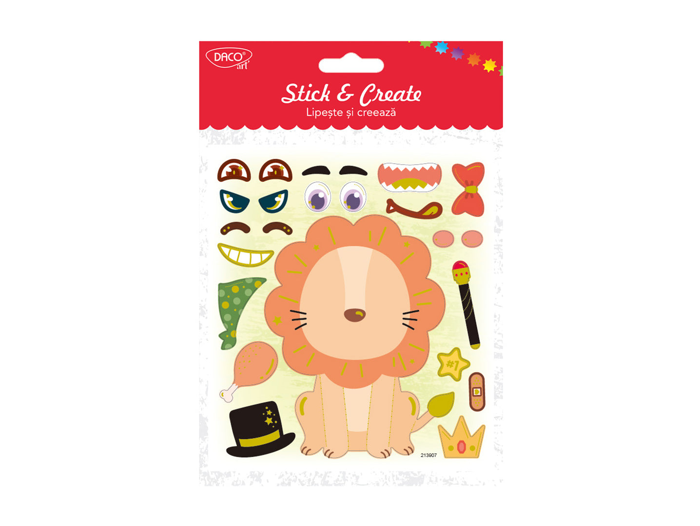 Set de abțibilduri interactive DACO Art model Leu pentru asamblat și personalizat, cu accesorii și expresii faciale, cod AB169