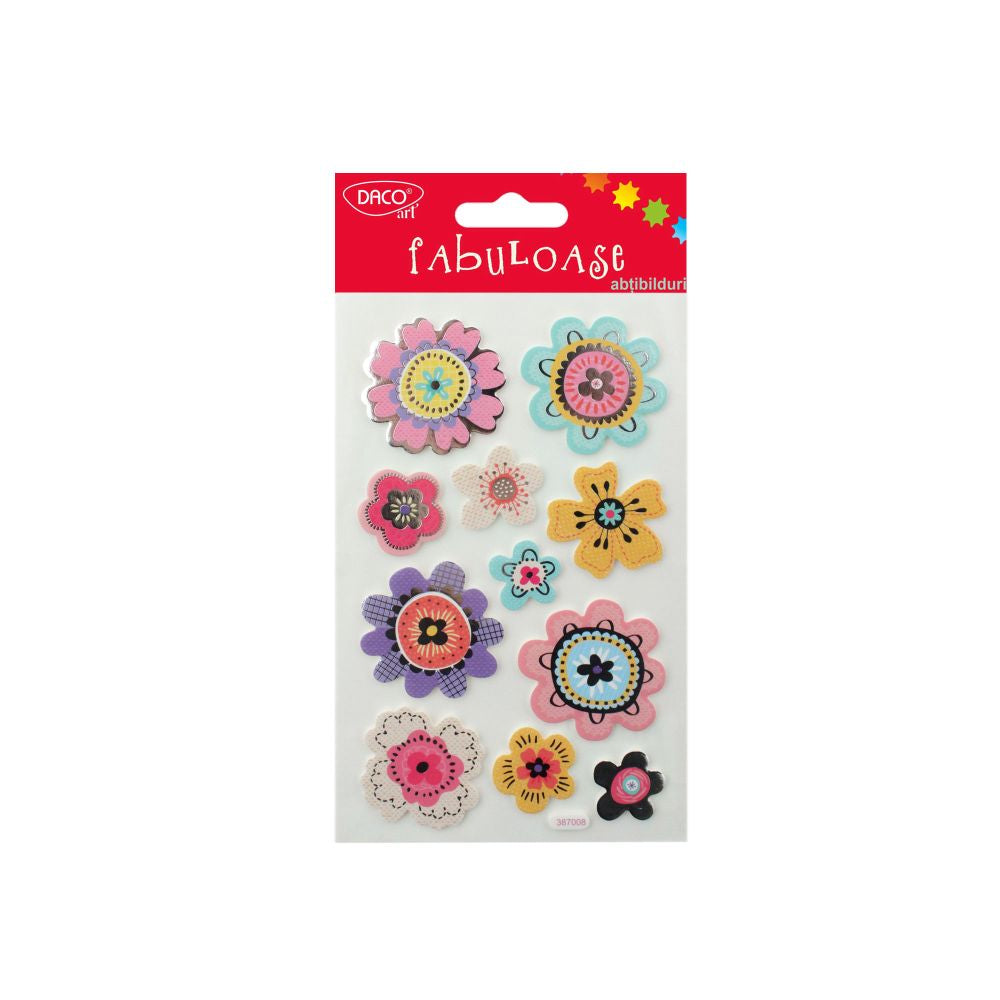 Coală de abțibilduri din spumă DACO Art model flori colorate în relief, stickere decorative 3D pentru felicitări și proiecte creative