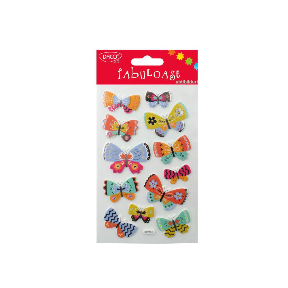 Coală abțibilduri din spumă DACO Art model fluturi colorați în relief pentru decorarea caietelor și proiecte craft