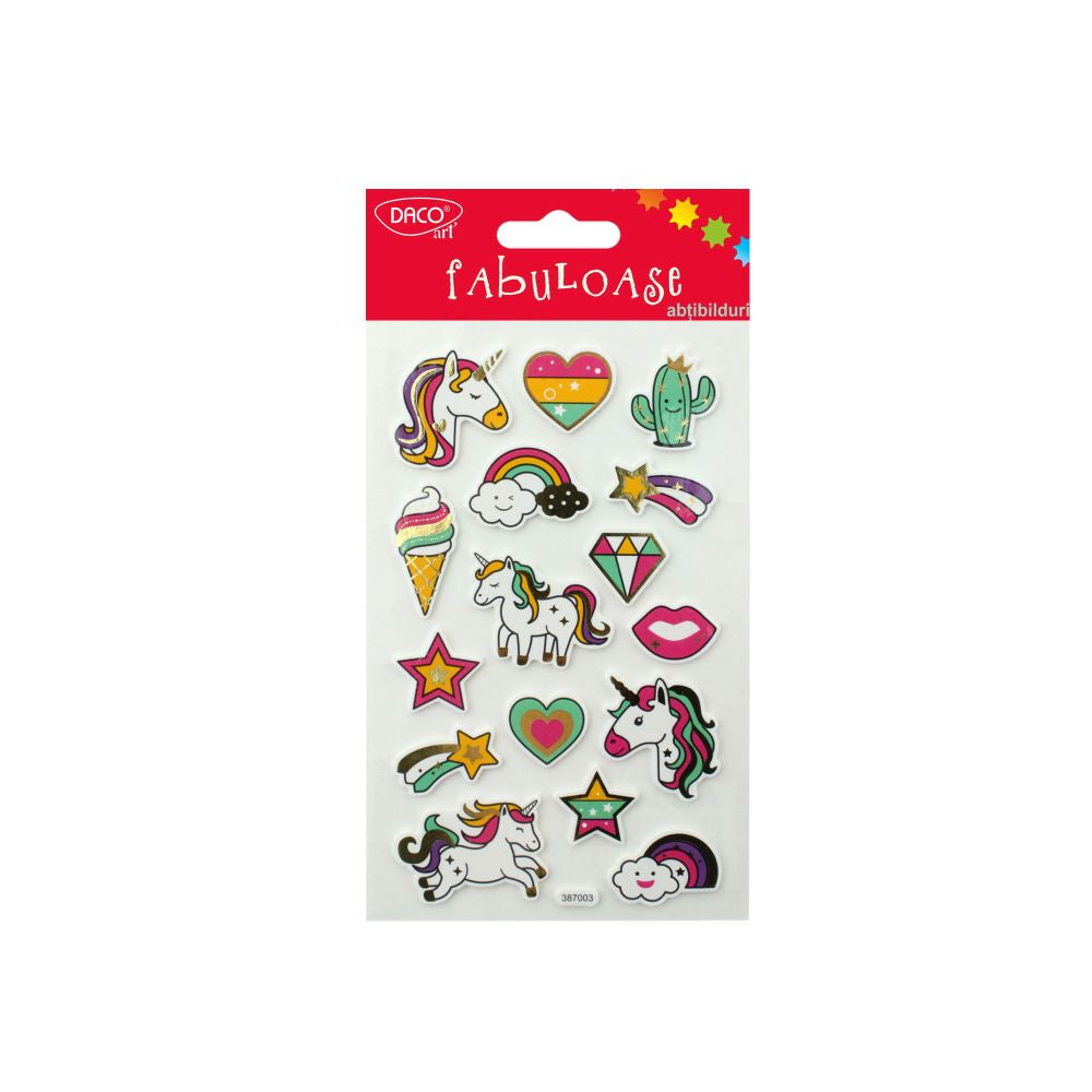 Coală de abțibilduri din spumă DACO Art model unicorni, curcubee și stele, stickere în relief pentru fete și proiecte creative