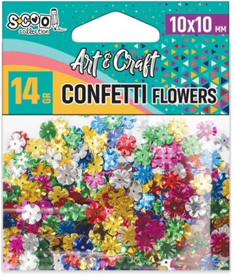 Pachet de 14 grame de confetti metalizate în formă de floricele multicolore, marca S-COOL, din plastic, ideale pentru lipit, cusut, înșirat și decor petreceri.