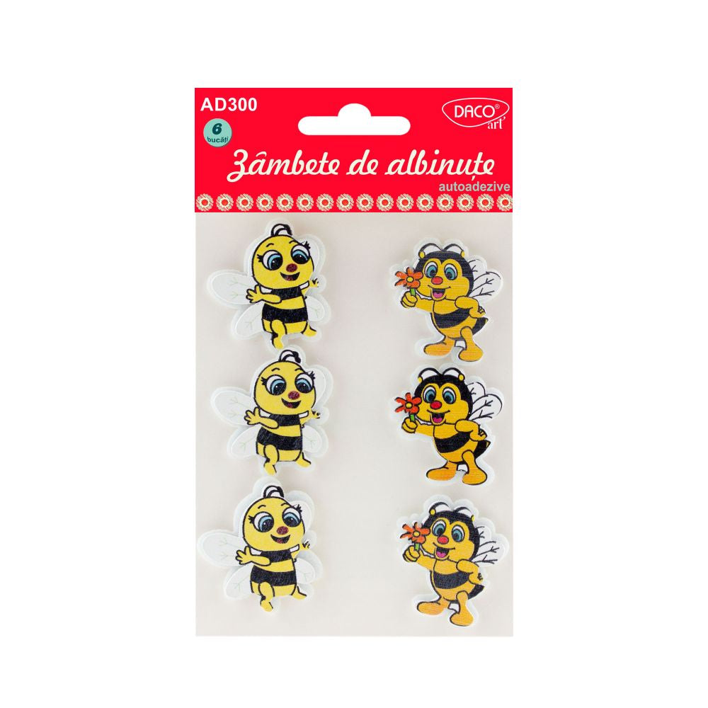Set de 6 figurine decorative albinuțe 3D din lemn și fetru, autoadezive, dimensiuni 4x3 cm, brand DACO, cod AD300
