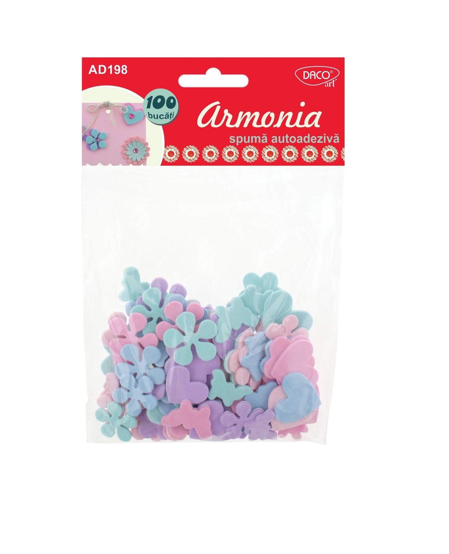 Set de 100 elemente decorative colorate din spumă autoadezivă, brand DACO Art, cod AD198, pentru activități creative și craft