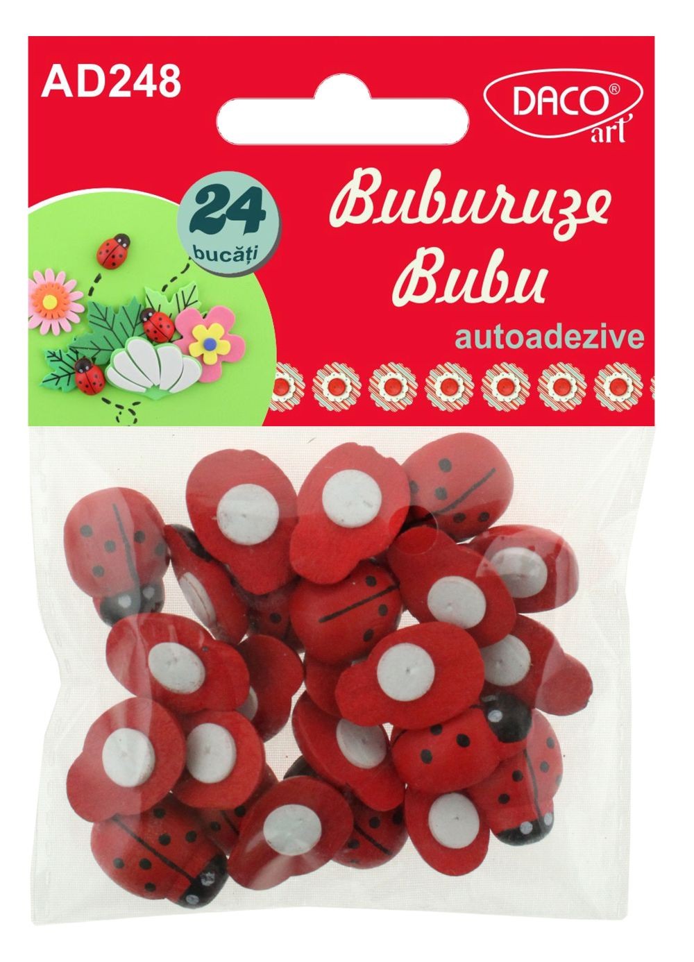 Set de 24 buburuze decorative din lemn autoadeziv, culori roșu și negru, brand DACO Art, cod AD248, pentru proiecte handmade