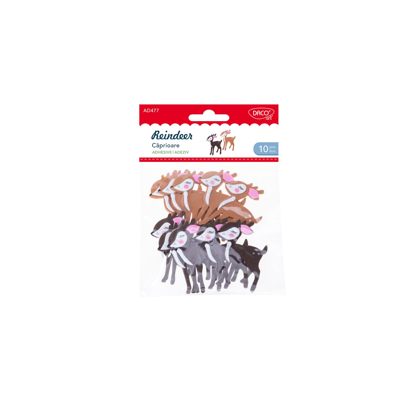 Set de 10 căprioare decorative din spumă autoadezivă, dimensiune 6.3 cm, brand DACO, cod AD477, ideale pentru decorațiuni tematice și colaje