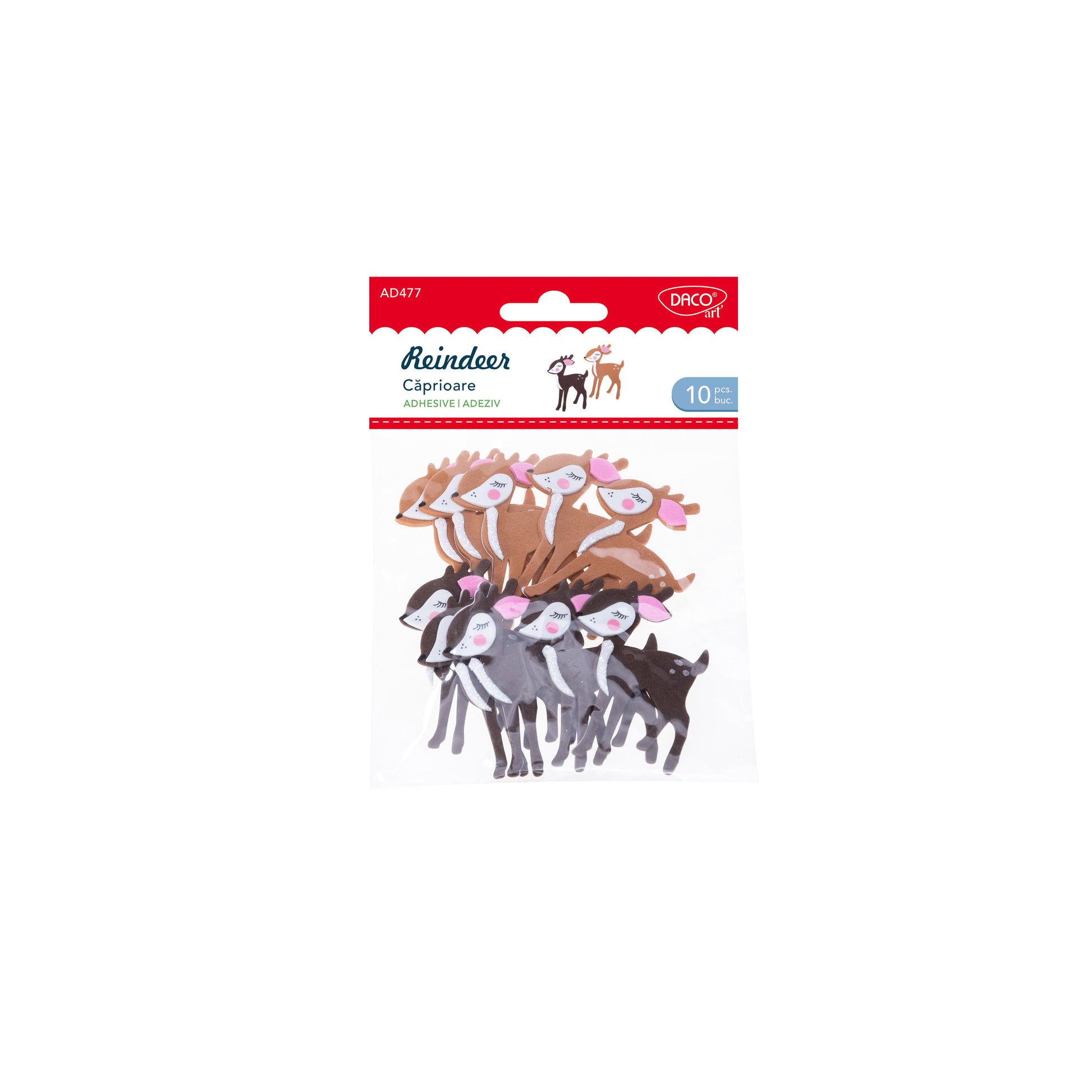 Set de 10 căprioare decorative din spumă autoadezivă, dimensiune 6.3 cm, brand DACO, cod AD477, ideale pentru decorațiuni tematice și colaje