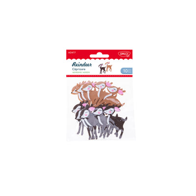 Set de 10 căprioare decorative din spumă autoadezivă, dimensiune 6.3 cm, brand DACO, cod AD477, ideale pentru decorațiuni tematice și colaje