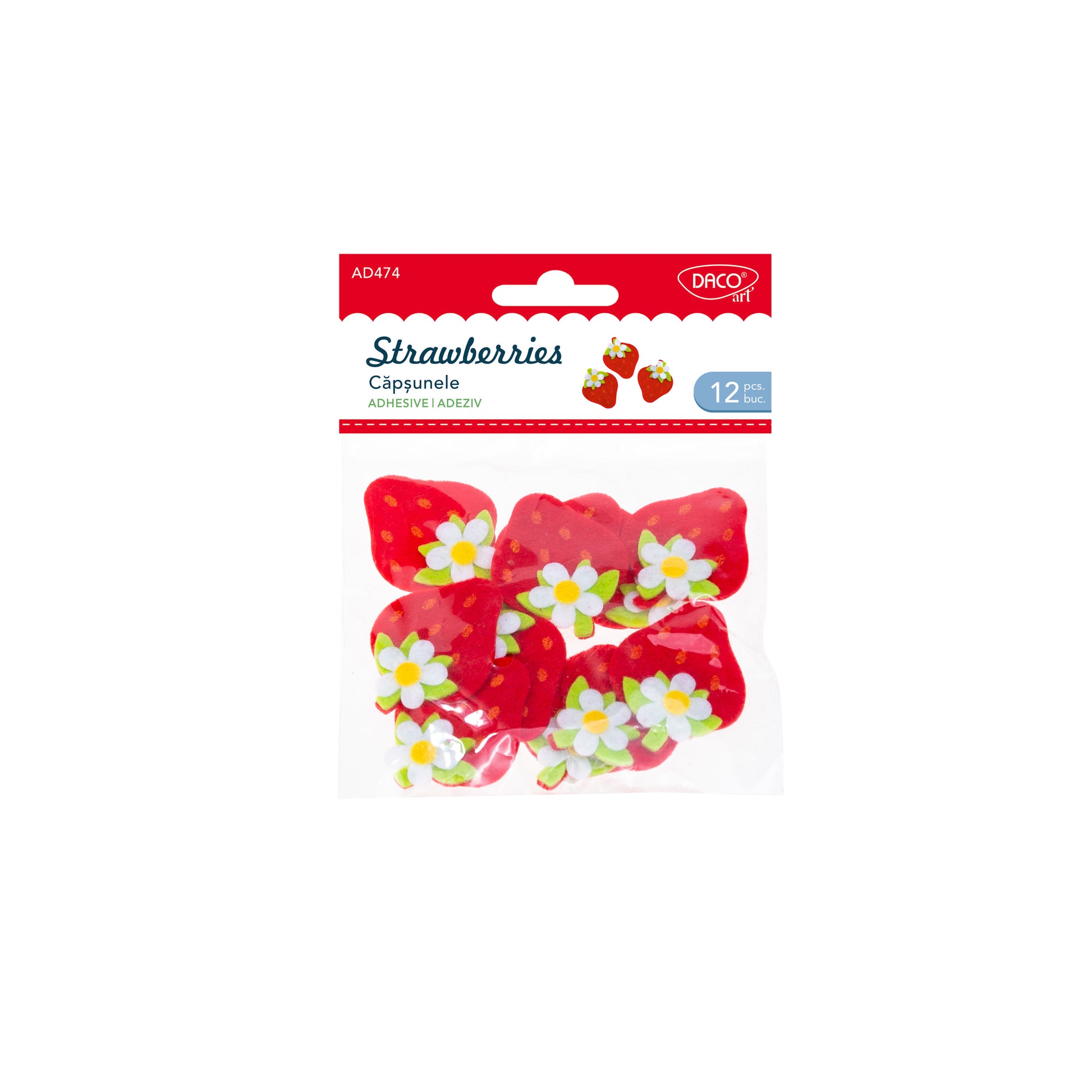 Set de 12 căpșunele decorative din fetru cu detalii florale, dimensiune 4x5 cm, brand DACO, cod AD474