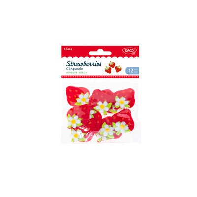 Set de 12 căpșunele decorative din fetru cu detalii florale, dimensiune 4x5 cm, brand DACO, cod AD474