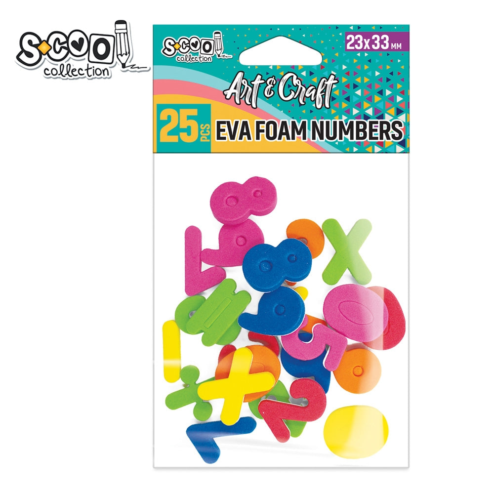 Set de 25 cifre decorative din spumă EVA autoadezivă în culori variate, brand S-COOL, ideale pentru activități educative și proiecte de lucru manual