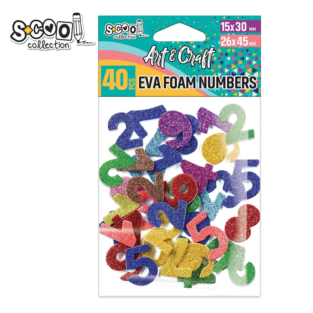 Set de 40 cifre decorative din spumă EVA cu sclipici, autoadezive, culori și mărimi variate, brand S-COOL, ideale pentru activități creative