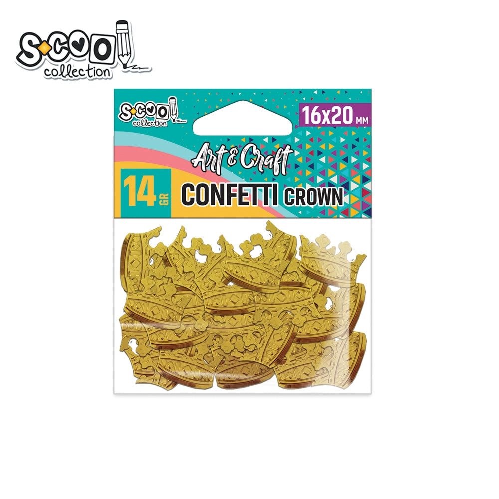 Pachet de 14 grame de confetti metalizate în formă de coronițe aurii, marca S-COOL, realizate din plastic rezistent pentru activități creative și decor elegant de petreceri