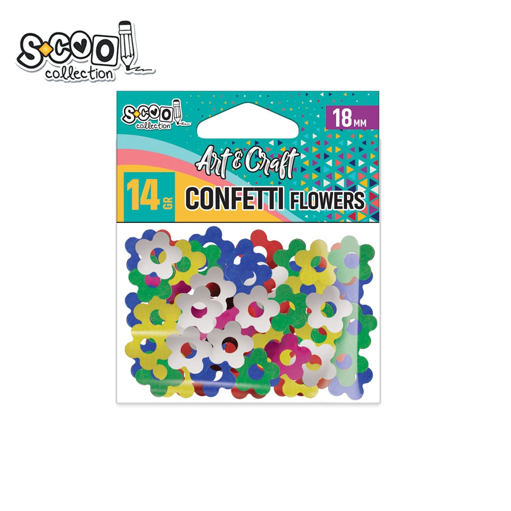 Pachet de 14 grame de confetti metalizate în formă de floricele multicolore, marca S-COOL, din plastic, ideale pentru lipit, cusut, înșirat și decor petreceri