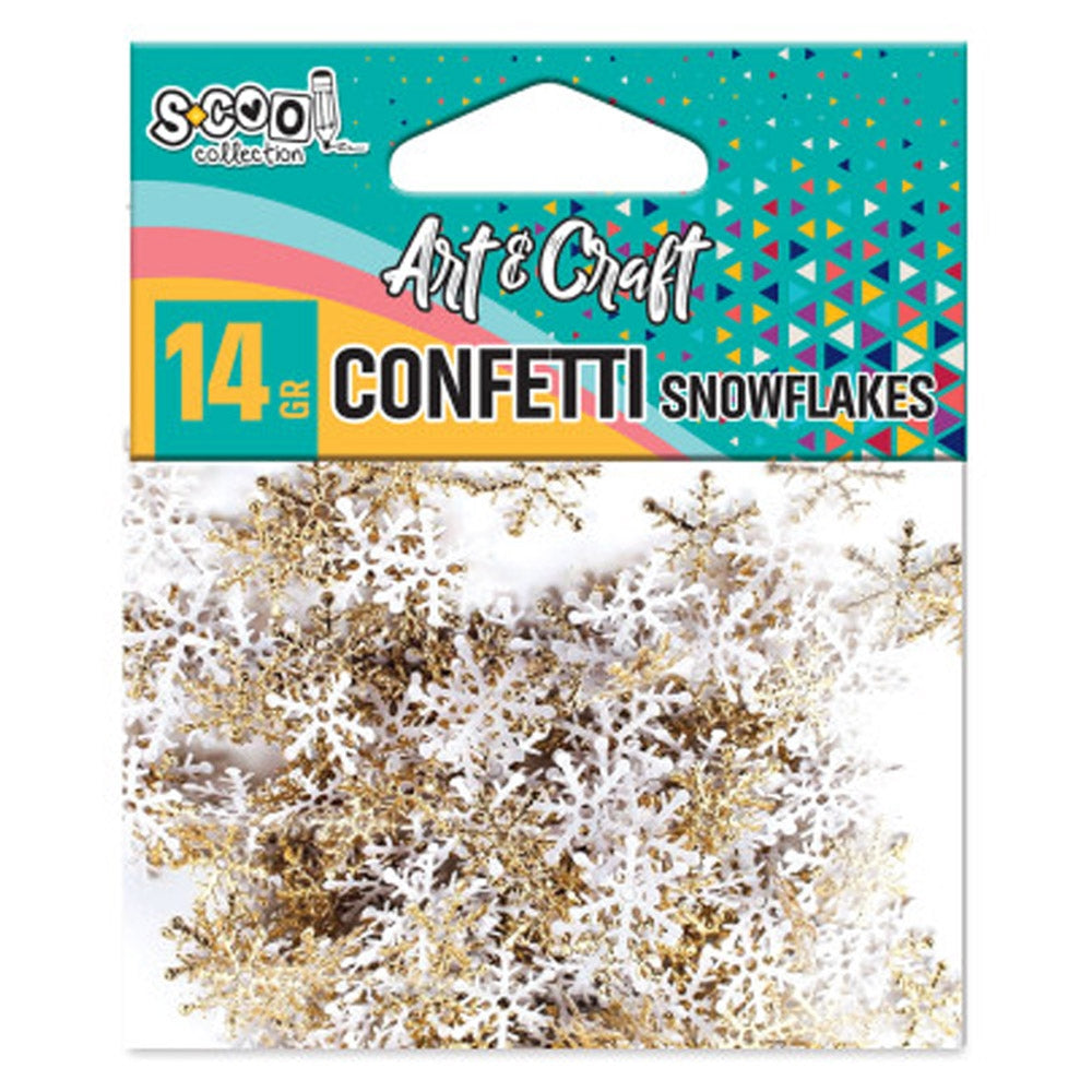 Set de confetti de iarnă în formă de fulgi de zăpadă marca S-COOL, pachet de 14 grame conținând fulgi în trei culori (alb, auriu, argintiu) și două dimensiuni, ideali pentru lipit și cusut