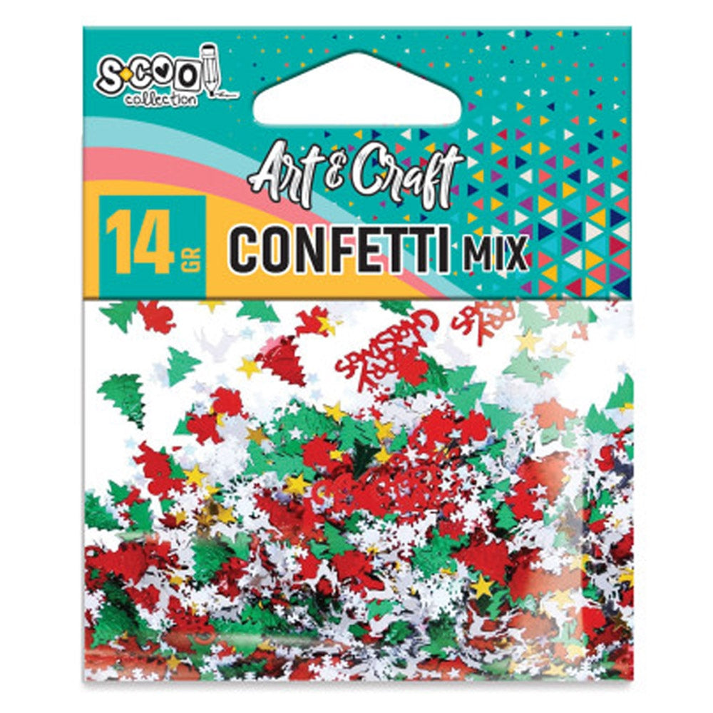 Pachet de 14 grame de confetti tematice de Crăciun marca S-COOL, din plastic, conținând Moș Crăciun roșu metalizat, brad verde, om de zăpadă alb și fulgi argintii, ideali pentru lipit și cusut.