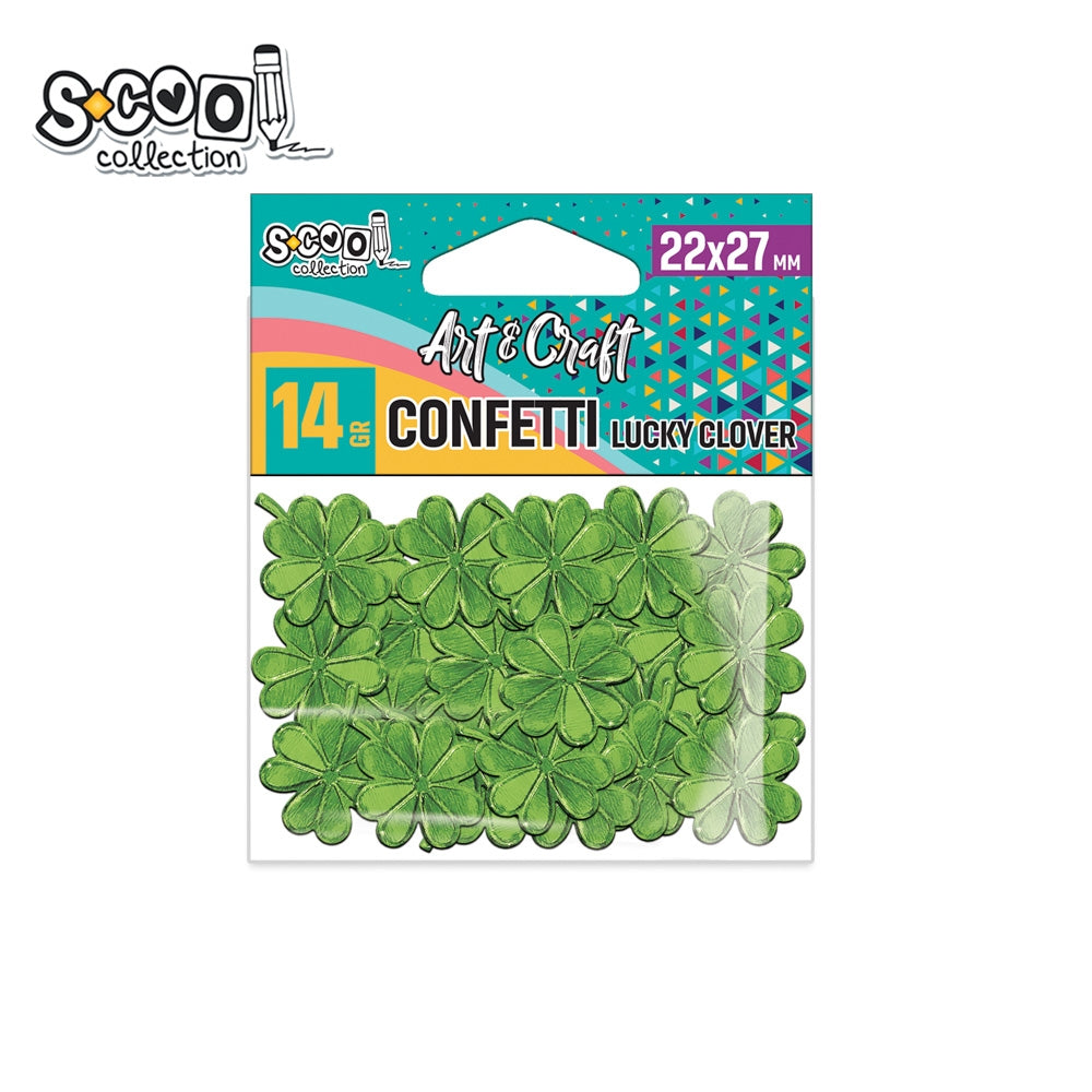 Pachet de 14 grame de confetti metalizate în formă de trifoi cu patru foi, marca S-COOL, realizate din plastic rezistent pentru activități creative, craft și decor petreceri