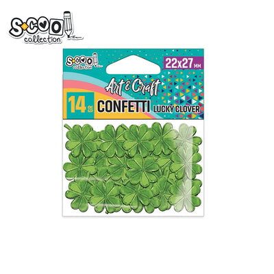 Pachet de 14 grame de confetti metalizate în formă de trifoi cu patru foi, marca S-COOL, realizate din plastic rezistent pentru activități creative, craft și decor petreceri
