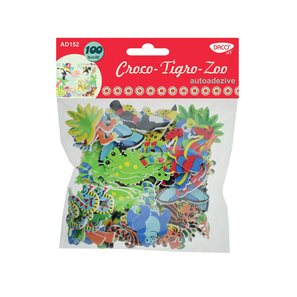 Set de 100 elemente decorative cu animale sălbatice (crocodil, tigru) din spumă autoadezivă, brand DACO, cod AD152
