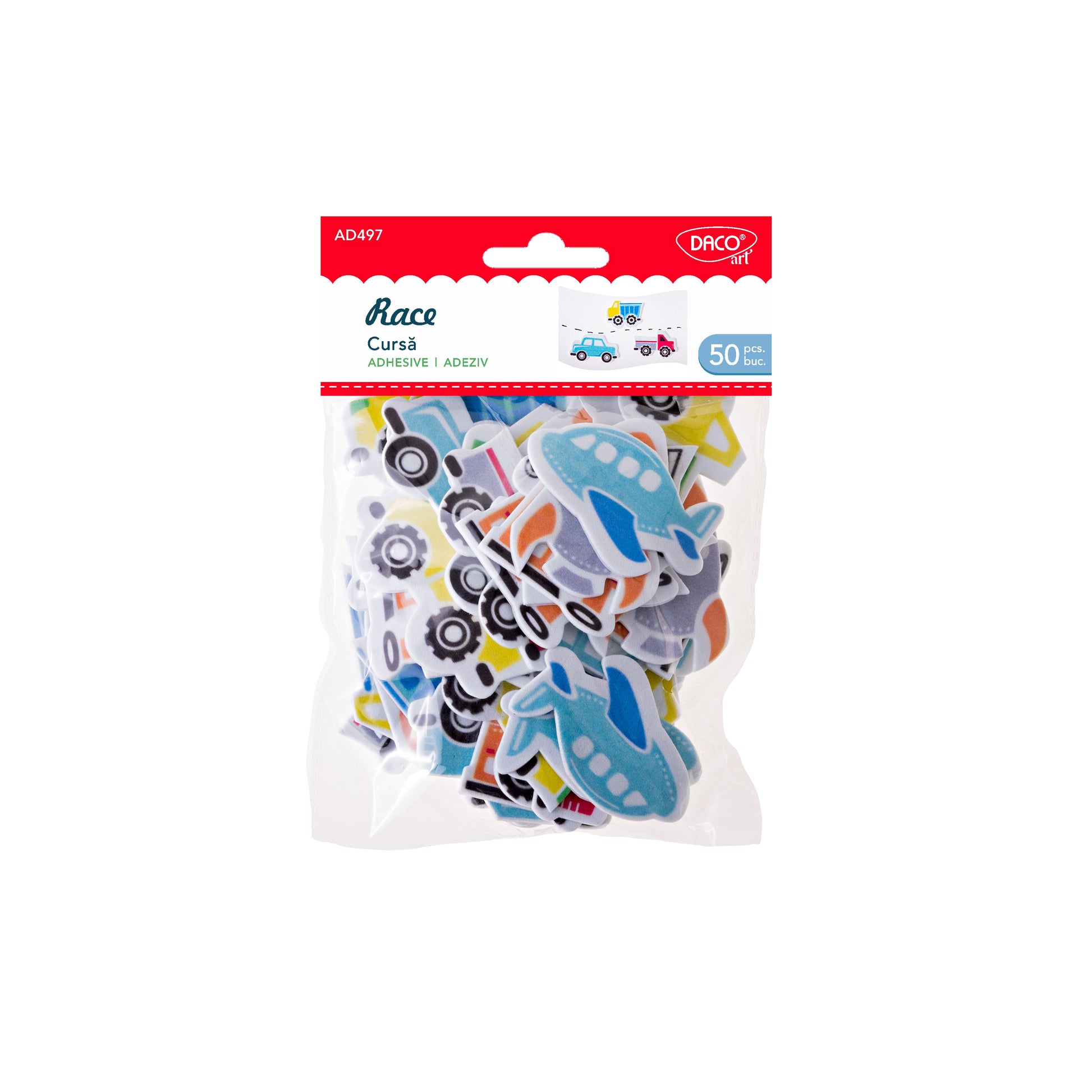 Set decorativ Cursă DACO AD497 cu 50 elemente din spumă autoadezivă de dimensiuni variate pentru proiecte craft și activități creative tematice
