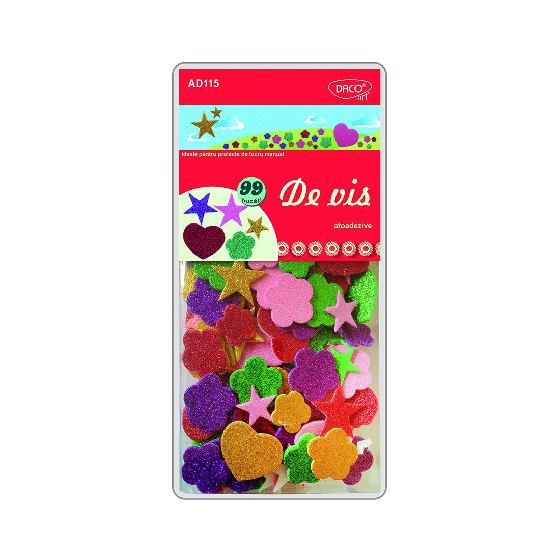 Set de 140 de forme decorative din spumă autoadezivă cu modele de flori, inimi și stele, brand DACO Art, cod AD115