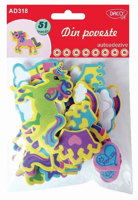Set de 51 forme decorative din spumă autoadezivă cu tematică basm (unicorn, castel, curcubeu), dimensiuni variate, brand DACOart, cod AD318