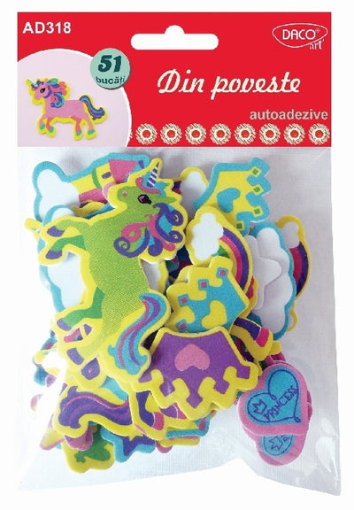Set de 51 forme decorative din spumă autoadezivă cu tematică basm (unicorn, castel, curcubeu), dimensiuni variate, brand DACOart, cod AD318