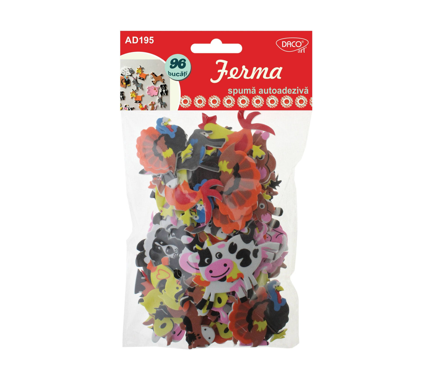 Set de 96 figurine decorative cu animale și elemente de fermă din spumă autoadezivă, brand DACO Art, cod AD195, pentru copii și craft