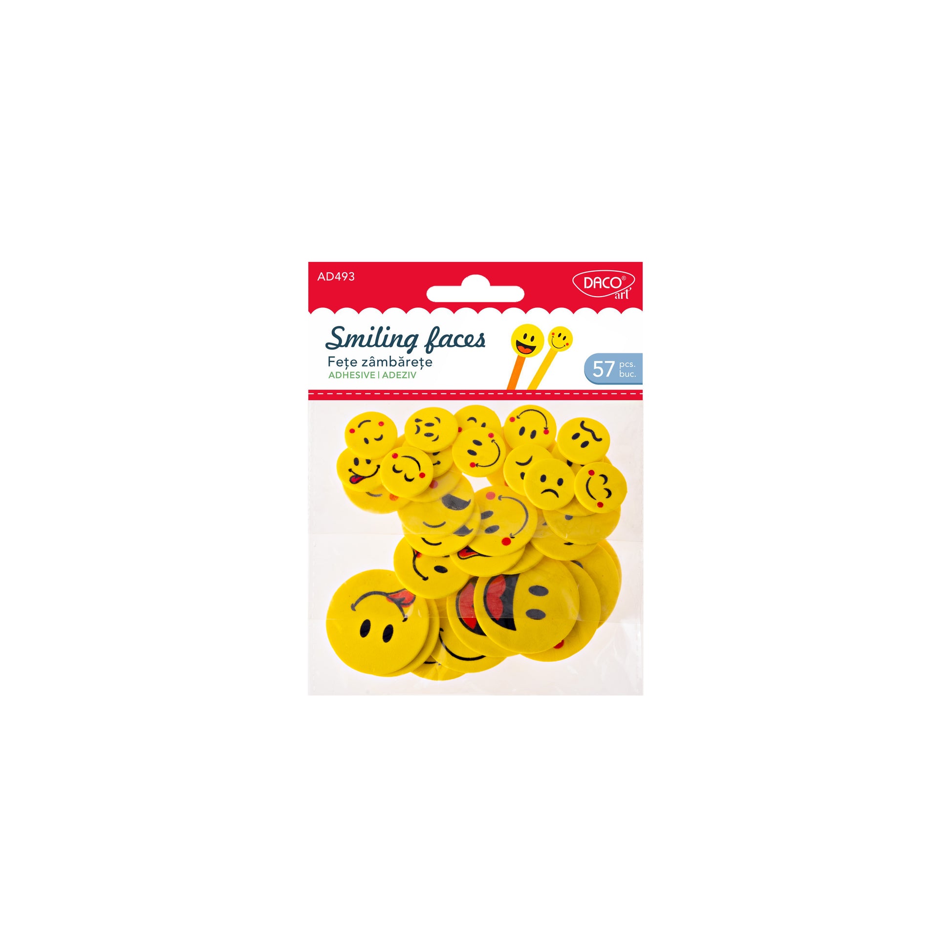 Set de 57 fețe zâmbărețe decorative din spumă autoadezivă, diametre 2 cm, 3 cm și 4 cm, brand DACO, cod AD493