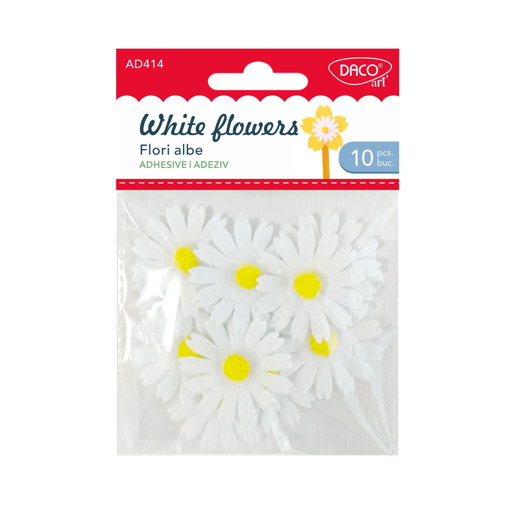 Set de 10 flori decorative din fetru alb cu centru galben, autoadezive, diametru 4 cm, brand DACO, cod AD414