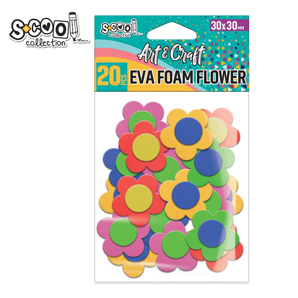 Set de 20 floricele decorative bicolore din spumă EVA autoadezivă, culori variate, brand S-COOL, ideale pentru activități creative și lucru manual