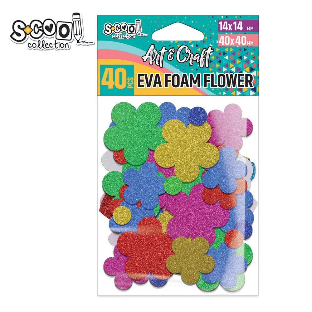 Set decorativ de 40 floricele și buline din spumă EVA cu sclipici, autoadezive, culori variate, brand S-COOL, ideale pentru lucru manual și proiecte craft