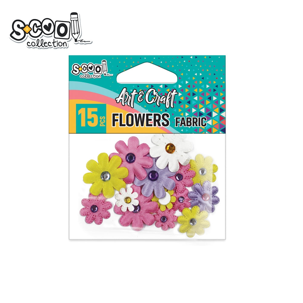 Set de 15 floricele decorative din material textil cu centru din cristal acrilic, autoadezive, brand S-COOL, ideale pentru lucru manual și decorațiuni