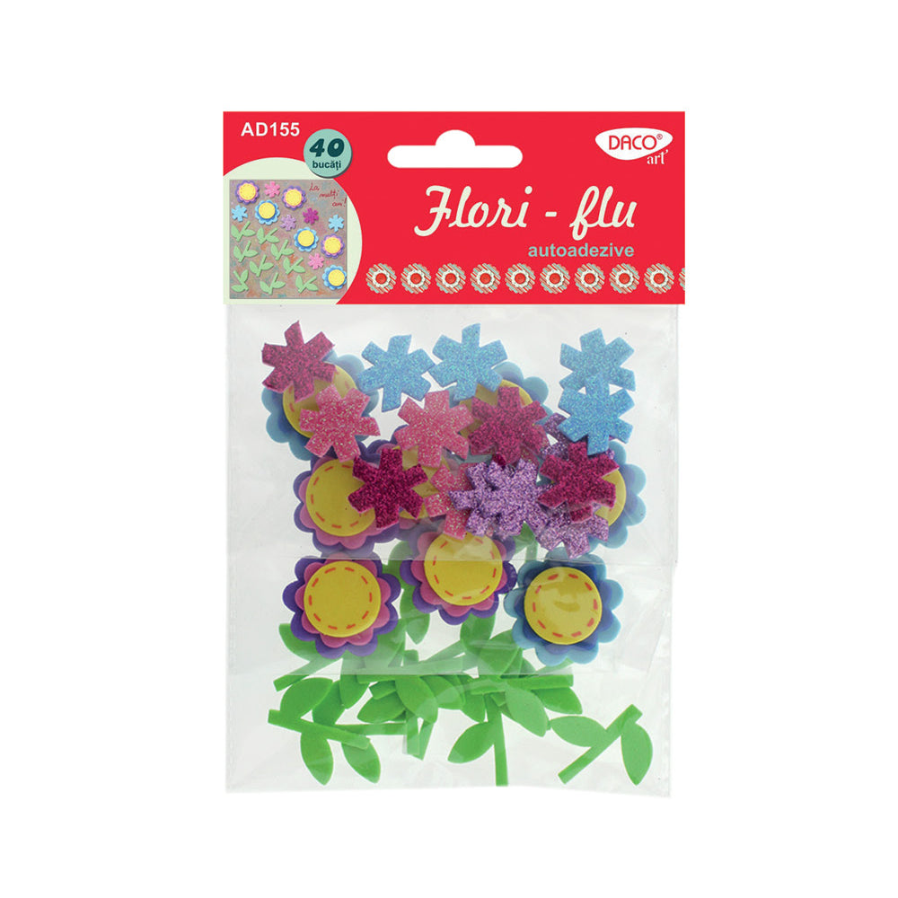 Set de 40 piese decorative din spumă autoadezivă cu modele de tulpini și flori, brand DACO Art, cod AD155, pentru proiecte școlare și felicitări