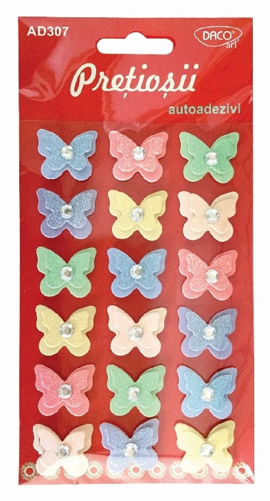 Set de 18 fluturi decorativi din plastic și hârtie autoadezivă în 5 culori, dimensiuni 2.5x2.2 cm, brand DACO Art, cod AD307
