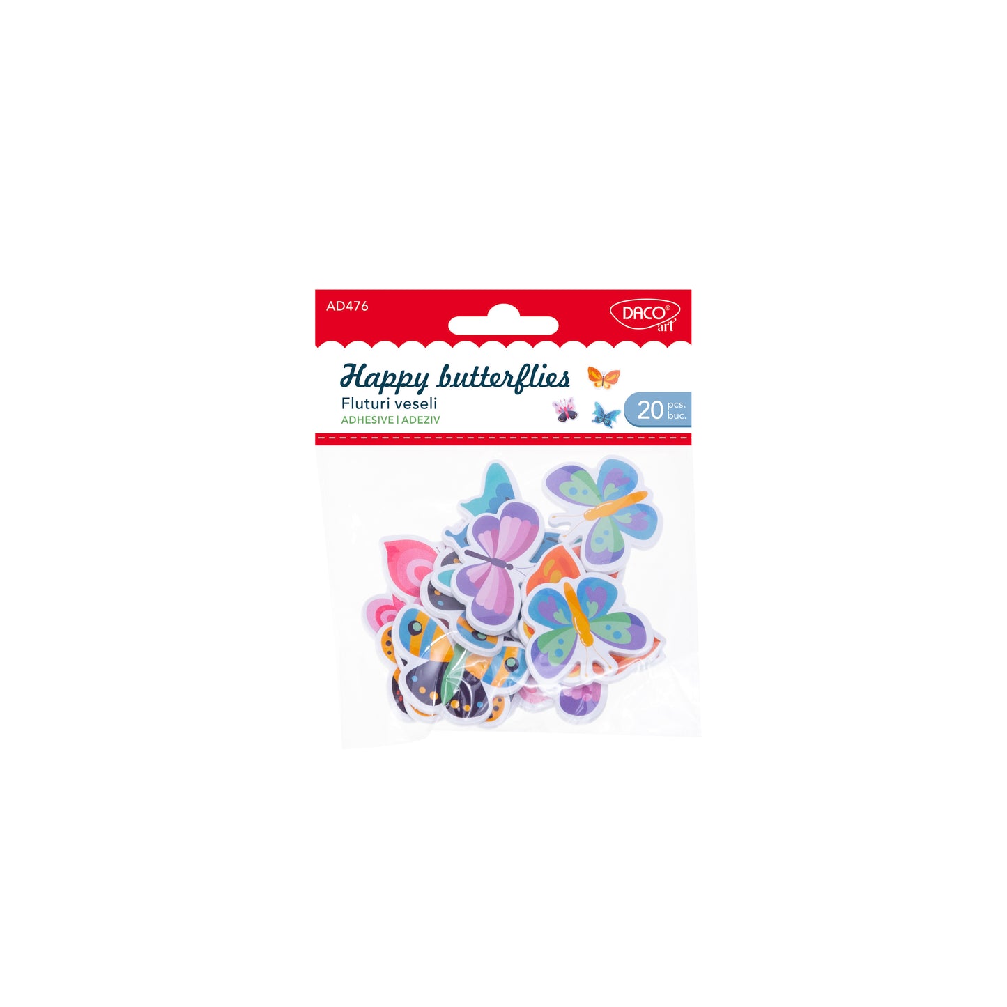 Set de 20 accesorii decorative fluturi veseli din spumă autoadezivă, design și dimensiuni variate pentru proiecte craft și activități copii, brand DACO, cod AD476
