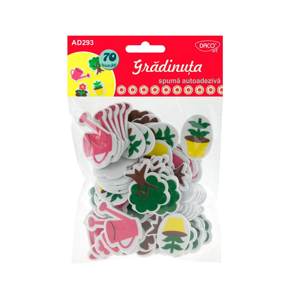 Set de 70 figurine decorative din spumă autoadezivă cu tematică natură și grădină, dimensiuni variate, brand DACOart, cod AD293