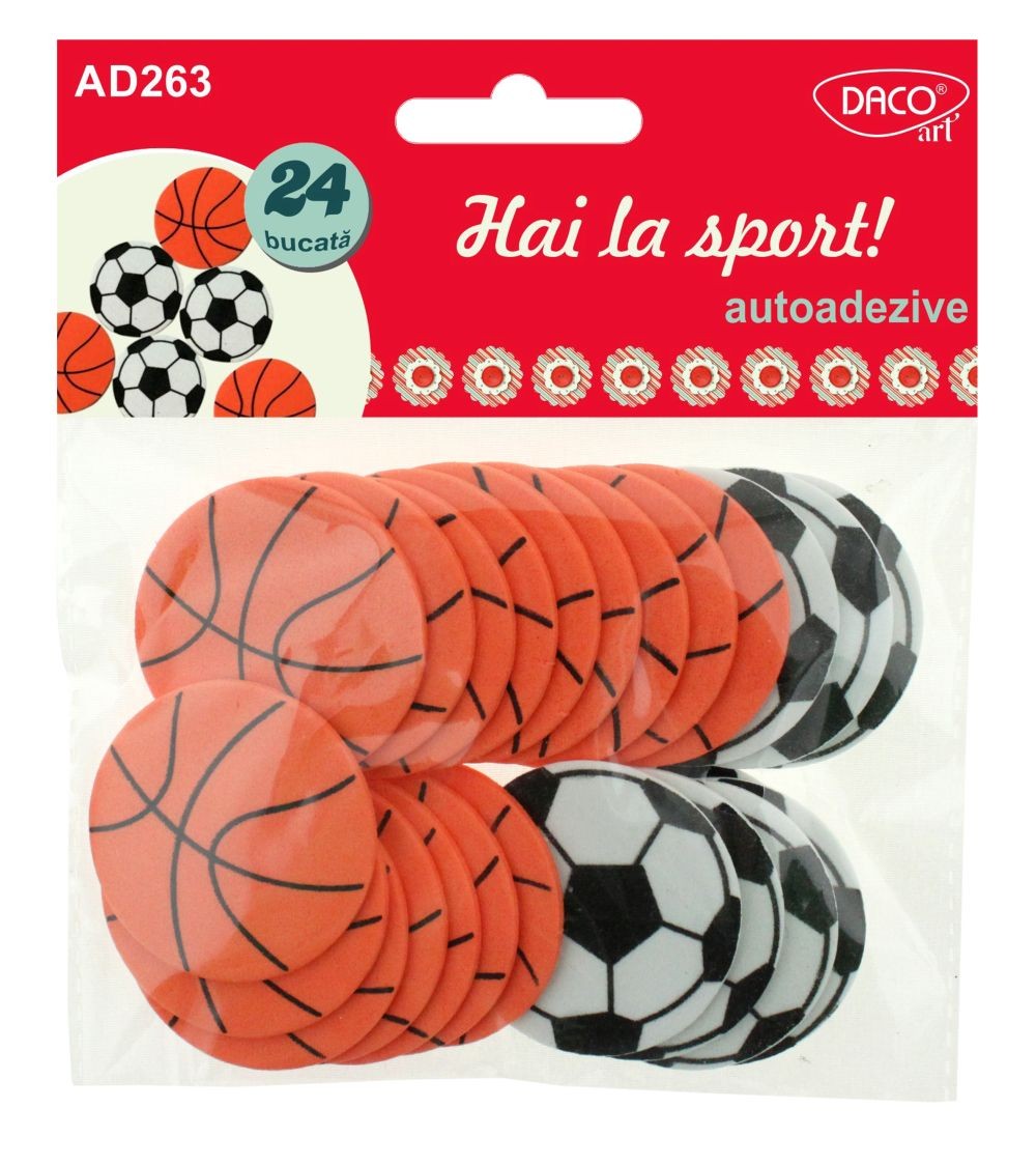 Set de 24 figurine tematice sportive din spumă autoadezivă, diametru 4 cm, brand DACO Art, cod AD263, pentru proiecte craft și scrapbooking