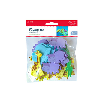 Set de 36 figurine decorative din spumă autoadezivă cu tematică animale de la zoo, dimensiuni variate, brand DACOart, cod AD340