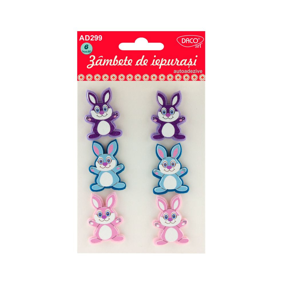 Set de 6 figurine decorative iepurași 3D din spumă și fetru, autoadezive, dimensiuni 4x3 cm, brand DACO Art, cod AD299