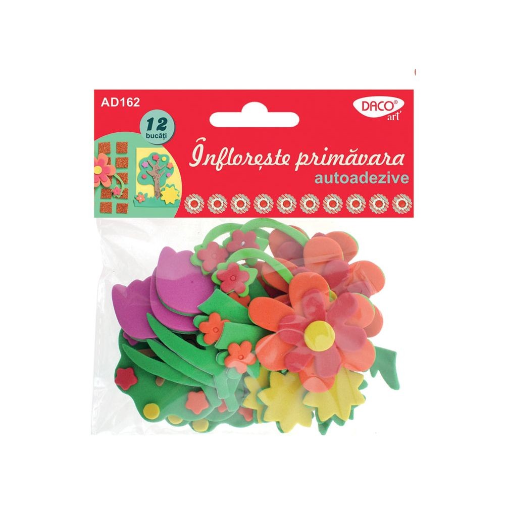 Set de 12 flori decorative din spumă autoadezivă în 4 modele diferite, brand DACO Art, cod AD162, pentru proiecte handmade de primăvară