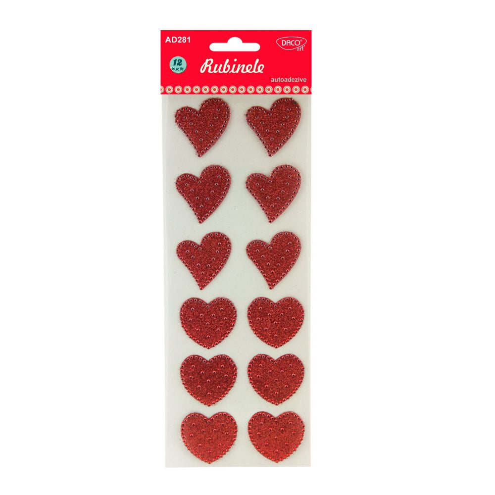 Set de 12 inimi decorative din plastic autoadeziv cu finisaj glitter roșu, dimensiuni 4x4 cm, brand DACO Art, cod AD281